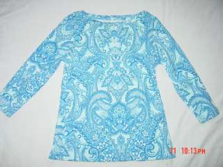 TALBOTS Paisley blues 100% cotton 3/4 sleeve top WM  