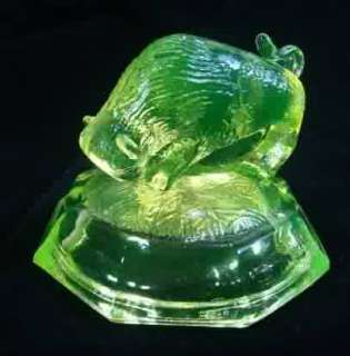 Yellow Vaseline Glass Buffalo Bison Figural Paperweight  
