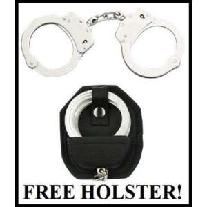  DOUBLE LOCK HANDCUFFS W/ HOLSTER, POLICE QUALITY STEEL 