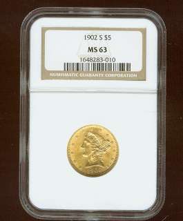 1902 S $5 Liberty Gold NGC MS 63 Five Dollar Gold Piece  