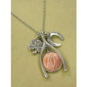  Lucky Irish Penny Silvertone Wish Bone Coin Pendant Coin 