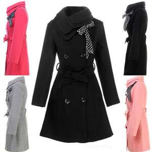 Women Ribbon Belted Long Winter Trench Double Breasted Coat new Jacket 
