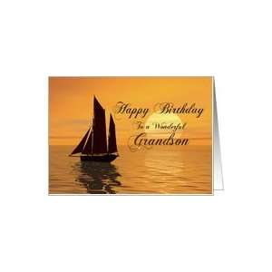   card for grandson showing a yacht sailing on a tranquil ocean. Card