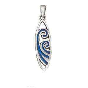   Silver Surfboard With Inlaid Paua Shell Wave Design Pendant: Jewelry