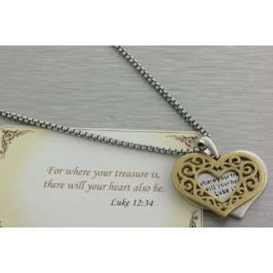  silver and matte gold casting heart pendant necklace with Luke 12 