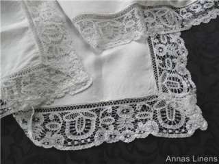 Antique Linen Tablecloth Princess Brussels Lace Trim  