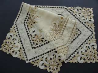 Tans and Subtle Gold Cutwork and Embroidered Ecru Table Runner  