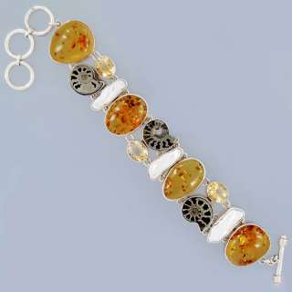 Amber Ammonite Citrine Pearl Gemstone 925 Sterling Silver Bracelet 7.5 
