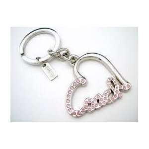  Coach Pink Crystal Pave Signature Script Heart Keychain Key 