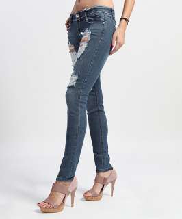 MOGAN Heavy DESTROYED Ladies Lace Inset Skinny Jeans LowRise RIPPED 