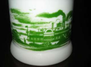 Milk Glass Canister White Green Design Lid Steamboat Scene Kitchen 