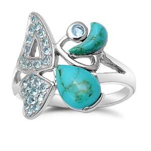  Sterling Silver Turquoise and CZ Ring, 5 Jewelry