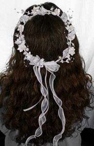 White Star Flowers w Pearls & Ribbon Flower Girl Crown  
