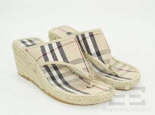 Burberry Beige Check Canvas Espadrille Wedge Sandals Size 37  
