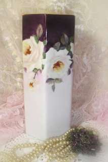 Porcelain Vase HP White Roses Romantic Cottage Chic  
