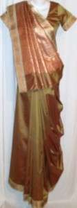 Copper Olive Woven Sari w/ Choli Blouse Satin Indian Saree Panel 