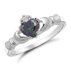   Sterling Silver Rainbow Topaz Heart CZ Claddagh Ring Size 5 Jewelry