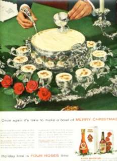 FOUR ROSES BEAUTIFUL PUNCH BOWL & EGGNOG RECIPE ART Vintage Ad 1955 