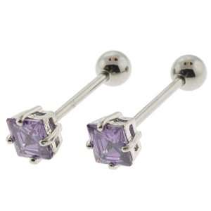  Tongue Barbell with Purple, Square Shaped CZ, 4 Prong Set 