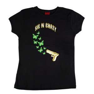 Sic N Crazy   Girls, S/S T Shirt, Gun/Butterfly, Black, Small:  