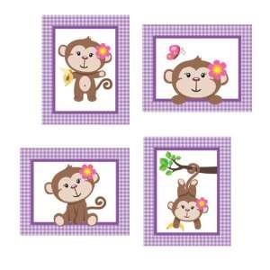  Set of 4 Girly Monkey with Purple Gingham Border Art 