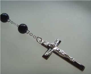 New Silver Necklace Beckham Rosary Black Bead Cross Pendant*  