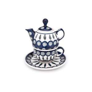  Polish Pottery Peacock Individual Teapot & Cup