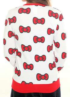HELLO KITTY~ WHITE RED BOWS ALL OVER BUTTON DOWN CARDIGAN SWEATER 