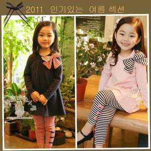 Cute Kids Girls Stripe Bowknot Long Sleeve T shirt & pants Suit 