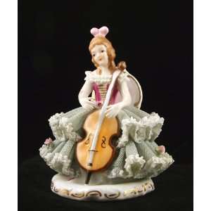 : German Dresden Porcelain Fired Lace Figurine Musician Playing Cello 