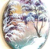 Vintge 40s Russian Hand Painted Winter Scene Brooch Pin  