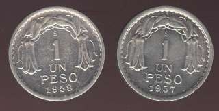 CHILE SET 2 COINS 1 PESO 1957/8 HIGH GRADE SET KEY DATE  