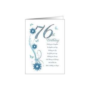  76th birthday card in teal with flowers and butterflies 