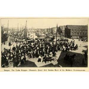  1922 Print Bergen Norway Medieval City Boat Harbor Dock 