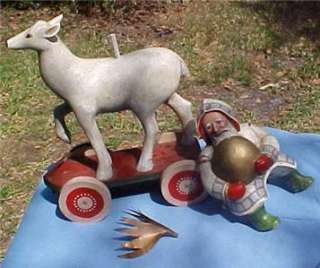 Midwest Leo R Smith Folk Art Santa Riding Polar Reindeer 3 Pc set Pull 