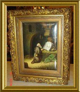   Monk Reading Bible Signed on the back handpainted Porcelain Plaque