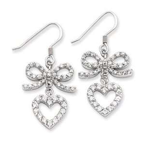  Sterling Silver CZ Heart Dangle Wire Earrings: Jewelry