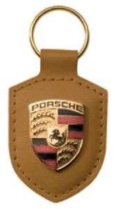 Porsche Key Chain Cognac Brown Crest Key Ring Genuine  