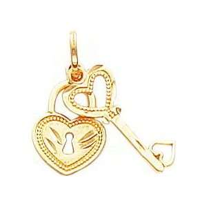  14K Gold Diamond Cut Heart Lock & Key Charm: Jewelry