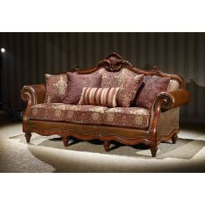  3PC SOFA SET, LEATHER AND FABRIC, CARVED WOOD