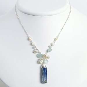  Sterling Silver Aquamarine/Kyanite/White Pearl Necklace Jewelry