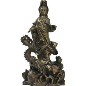  Kuan Yin on Dragon Statue, Bronze Finish 