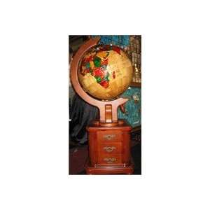   Maple Wood Floor Stand World Globe with 3 Pull out Drawers Office