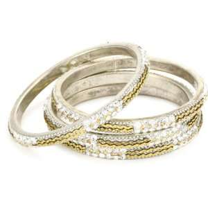   kakkar 4 White Crystal Bangles with Gold Zigzag Chain Bangle Bracelets