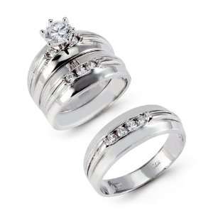    14k Pure White Gold CZ Stone Channel Wedding Ring Trio: Jewelry