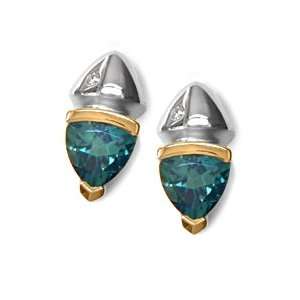   Trillion Cut Green Quartz and Round Diamond Earrings: Gold and Diamond