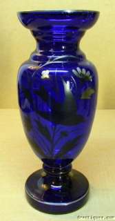 Antiq CZECH Cobalt Glass Vase Silver Overlay Bird Flora  