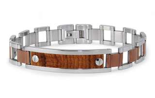Tioneer Mens Stainless Steel Wood Inlay Bracelet  