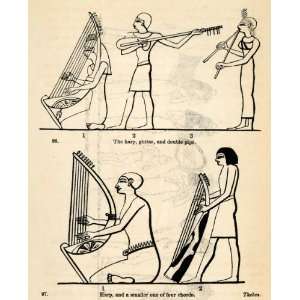  1854 Woodcut Ancient Egyptian Musical Instruments Harp 