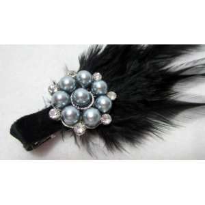  NEW Grey Pearl and Black Feather Hair Clip, Limited 